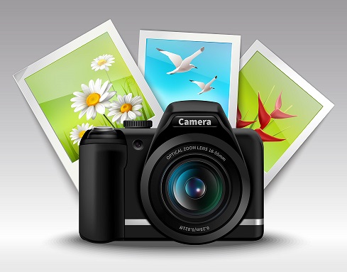 Realistic digital camera and photo pictures card set vector illustration